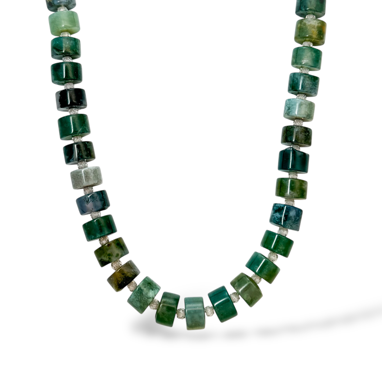 Close-up of Forest II Airy Necklace with larger dark green and neutral beads