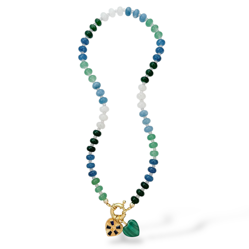 Thumbnail: Full Everblue Shift Necklace featuring blue and green beads with gold-filled clasp, Golden Bay Heart Charm, Evergreen Heart