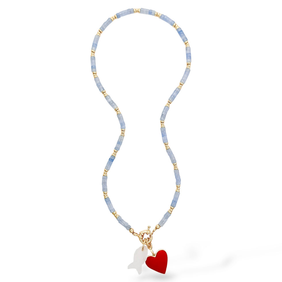 Full-length Teeny Sea Haven Necklace with aqua natural stone beads and signature charms.