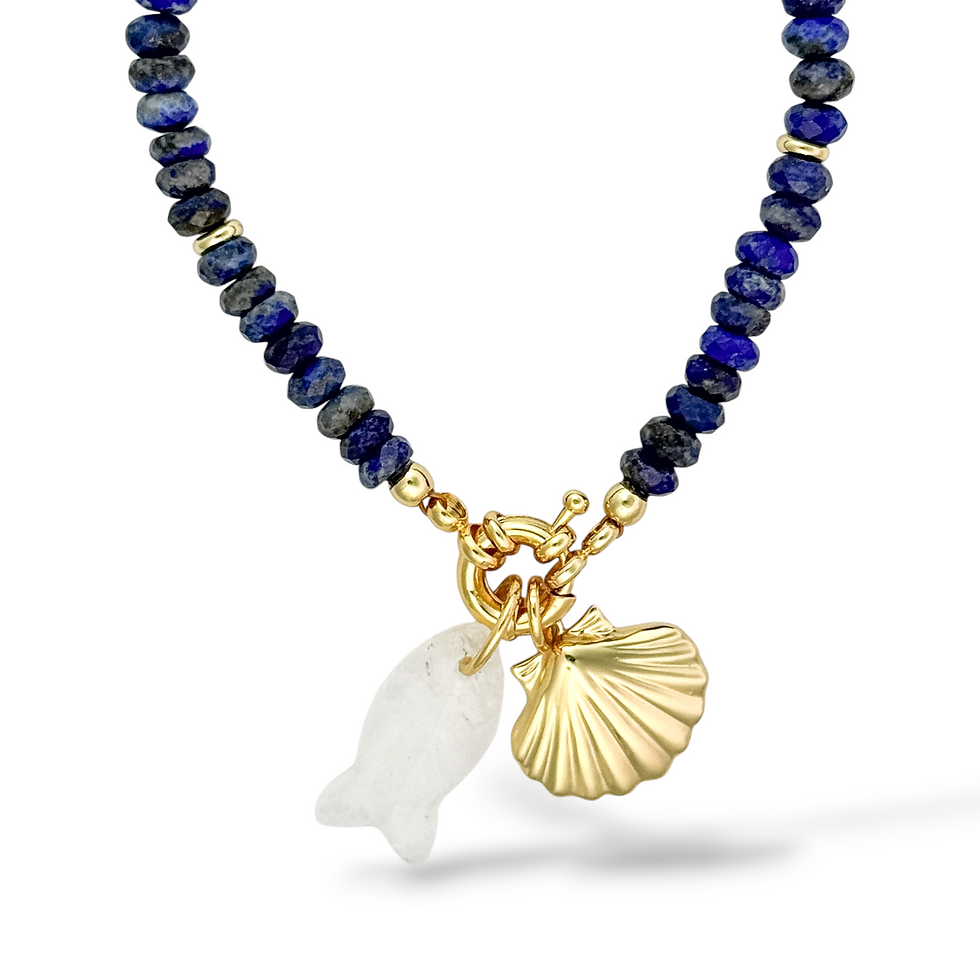 Mini Saphir Necklace with Mini Ice Minnow Fish charm and Sunkissed Clamshell charm