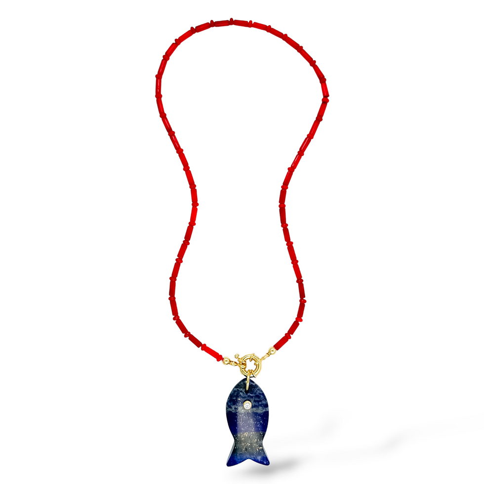 Teeny Midnight Reef Necklace with Midnight Minnow Fish Charm on Teeny Red Coral Necklace