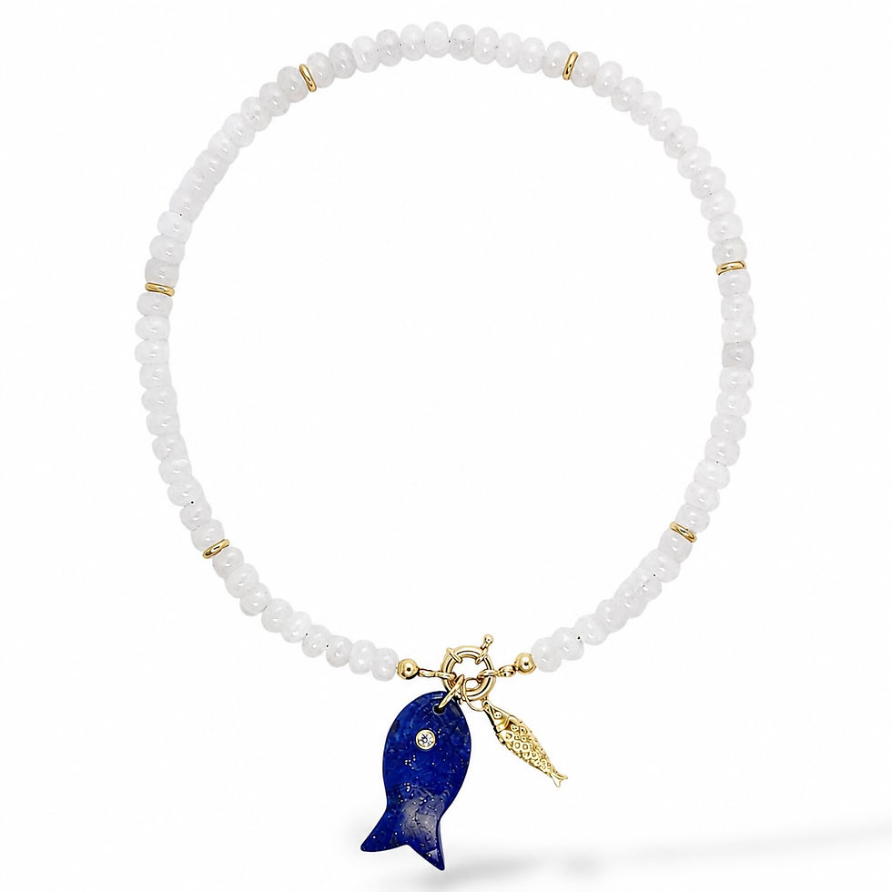 Full-length Bay Catch Necklace featuring natural white stone beads with signature gold charms.
