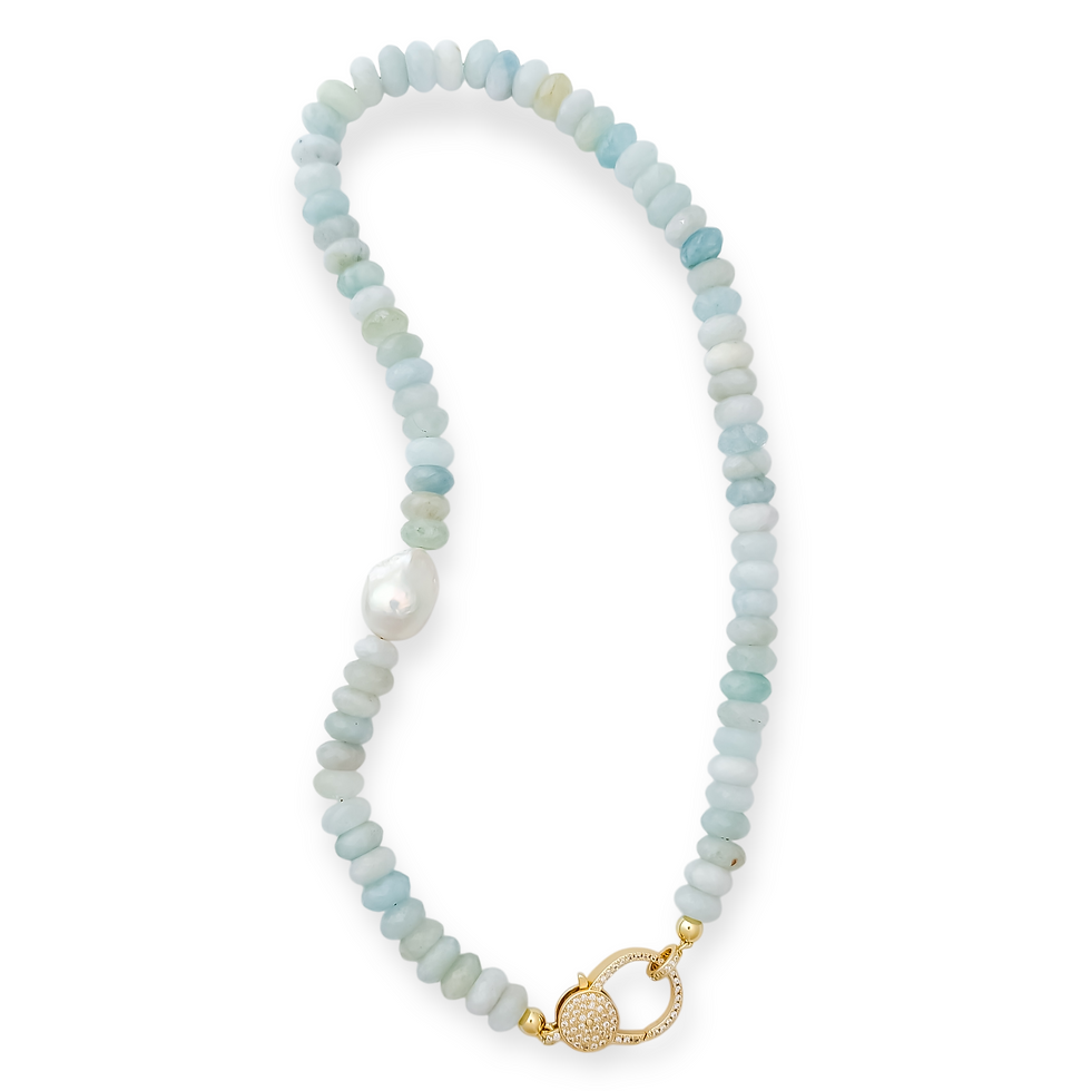 Thumbnail: Aquamarine Dreams II Necklace close-up of genuine aquamarine rondelles and freshwater Baroque pearl