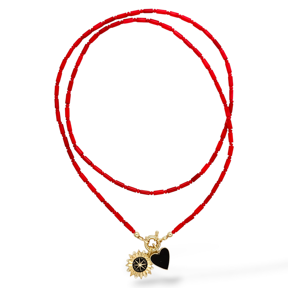 Full-length Scarlet Compass Double Necklace with two strands of red coral beads and black-and-gold charms on a white backgrou