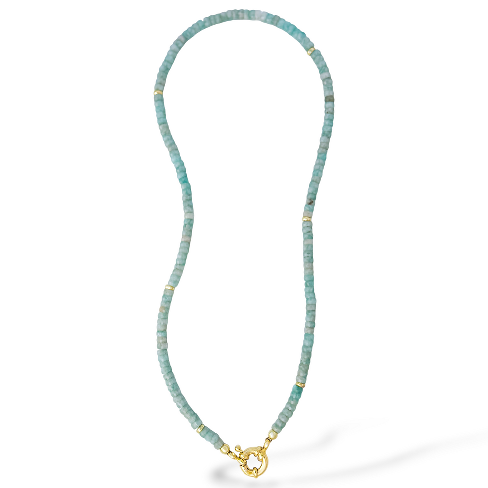 Thumbnail: Teeny Lagoon Necklace in blue-green faceted stone beads with gold sailor clasp