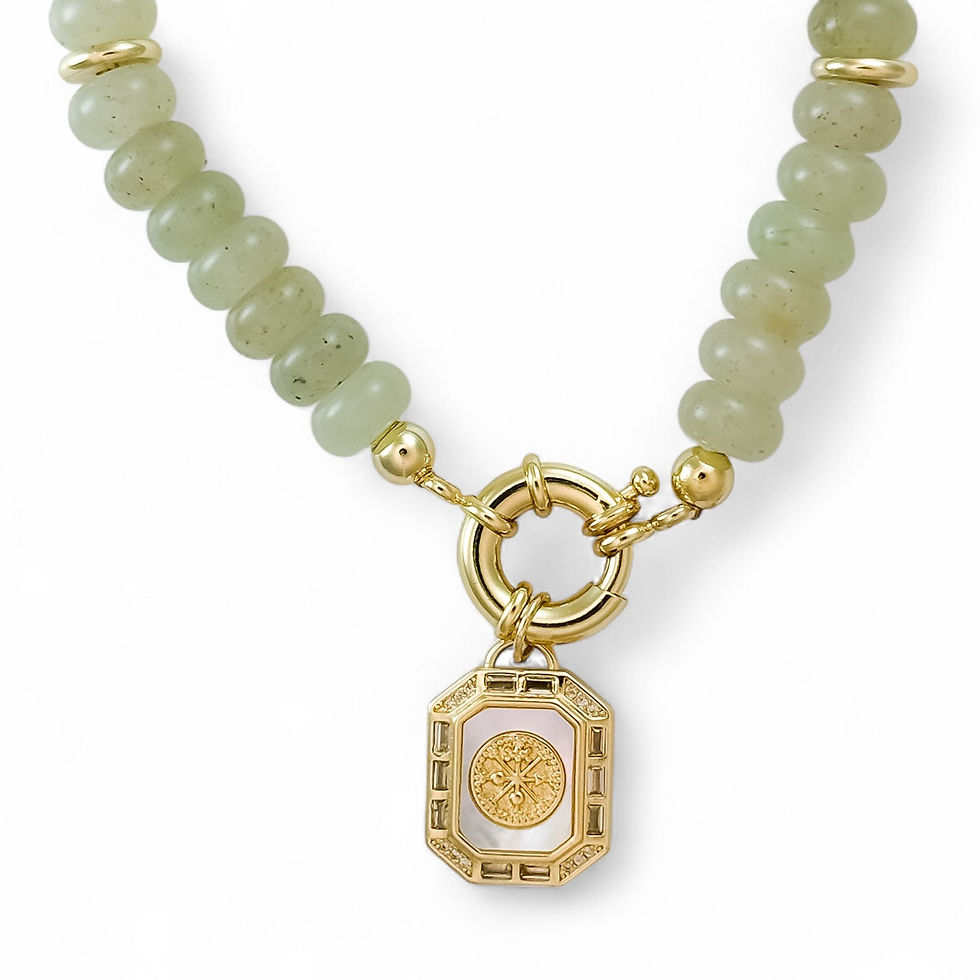 Thumbnail: Garden II Necklace featuring the Solenne Medallion Charm, handcrafted with luminous green beads and gold-filled detailing.
