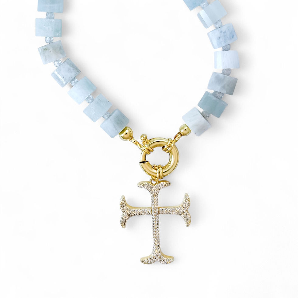 Thumbnail: Julep Lane Aquamarine II Airy Necklace featuring Saint Medallion and Roman Cross charms in gold and pavé
