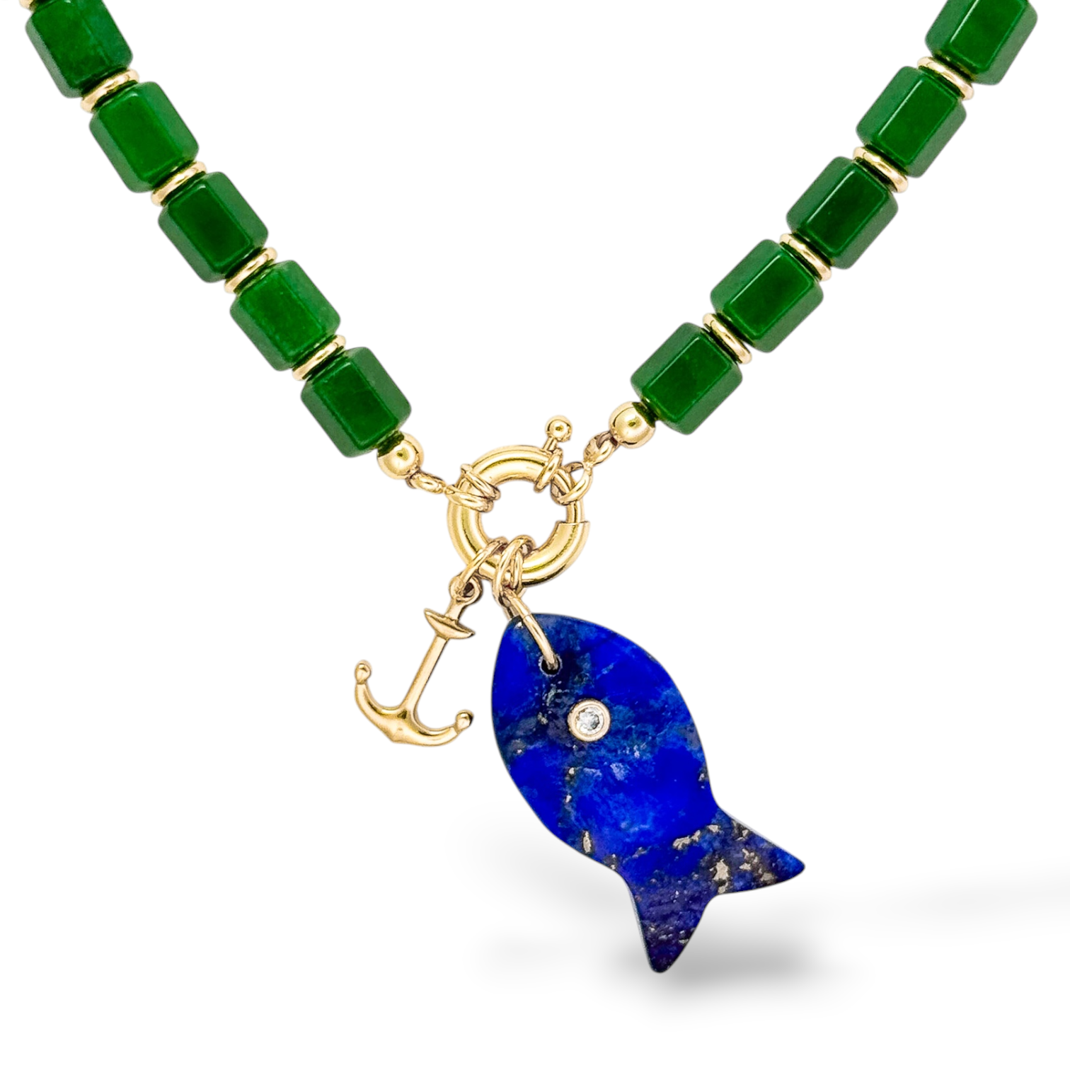 Anchored Waters Necklace with green beads, Midnight Minnow charm, and Anchors Away charm