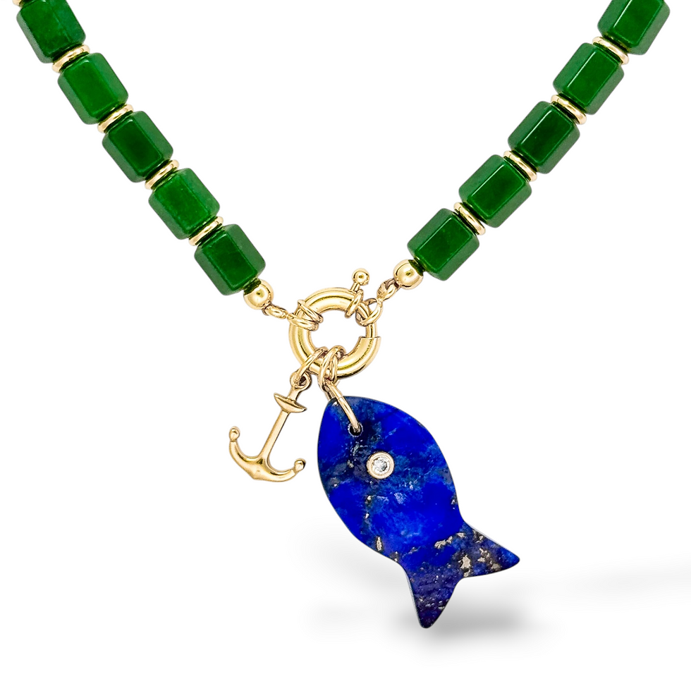 Anchored Waters Necklace with green beads, Midnight Minnow charm, and Anchors Away charm