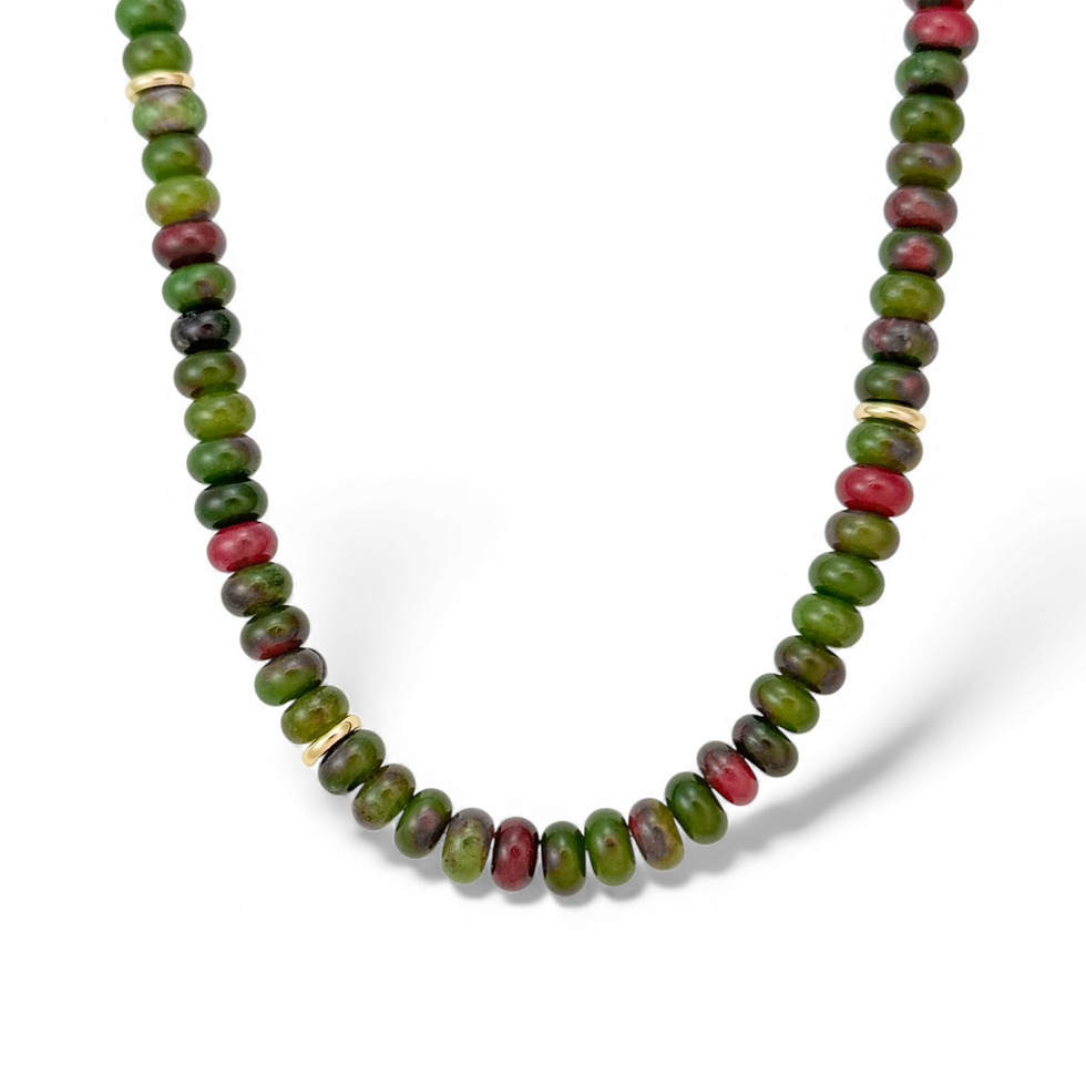 Close-up of Blushed Fern Bubble Necklace featuring green and blush hand-carved beads with gold-filled spacers