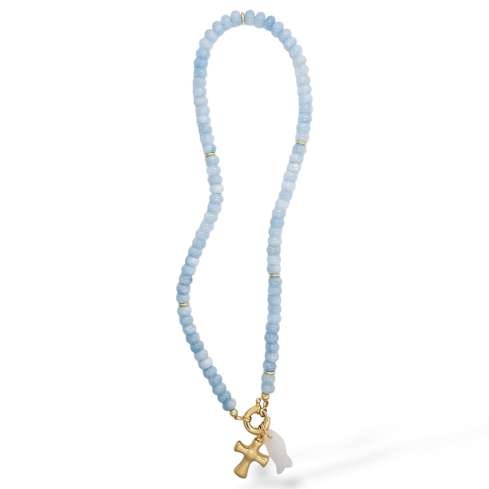 Full-length Magnolia Pointe Necklace featuring natural blue stone beads with signature gold charms.