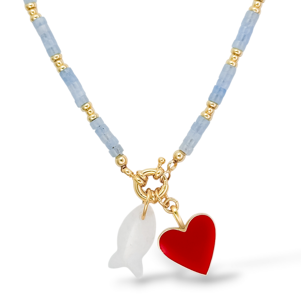 Thumbnail: Teeny Sea Haven Necklace with the Red Ribbon Heart Charm and Mini Minnow in Ice Crystal.