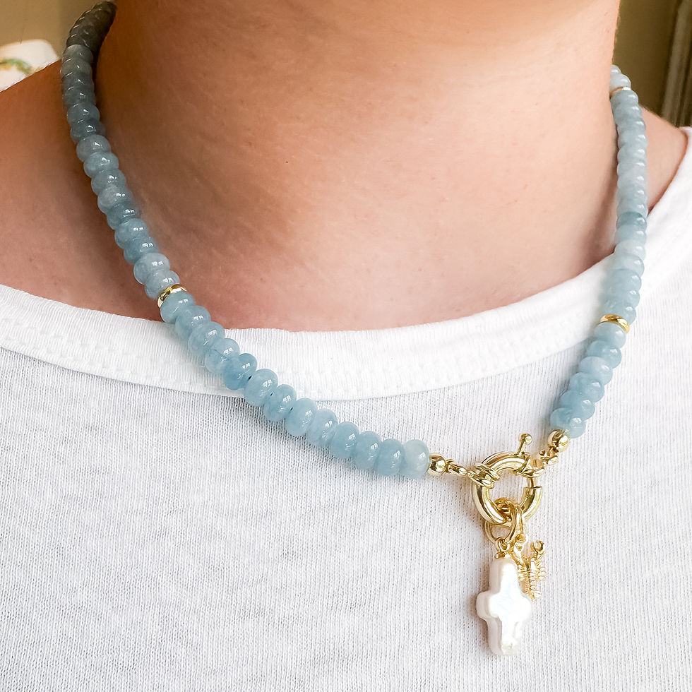 Thumbnail: Mini Sweetwater Necklace worn with the Pearly Cross Charm and Bitty Crawfish Charm.