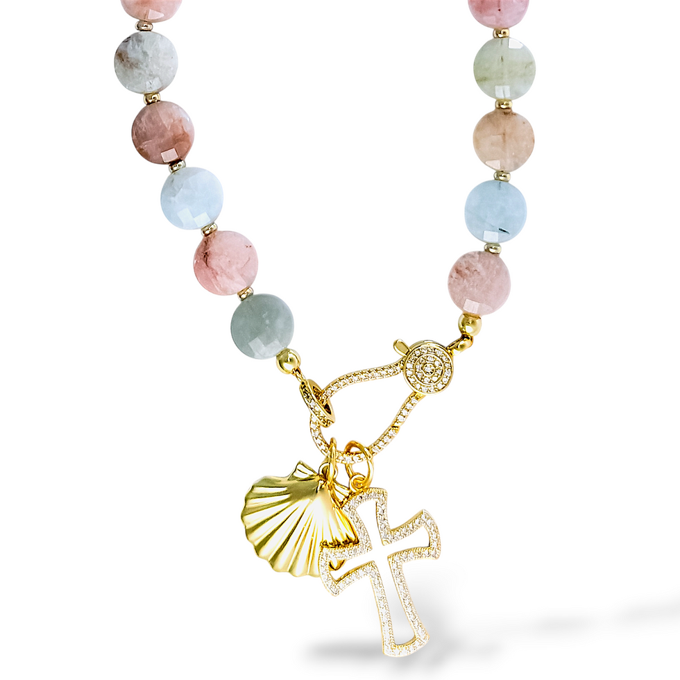 Pastel Drift Necklace with Latique Cross and Sunkissed Clamshell charms on gold pave Calla Clasp