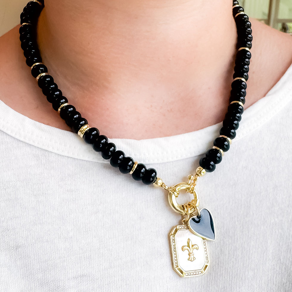 Thumbnail: Rue Royale Necklace worn with the Fleur de Lis Charm and Black Small Have a Heart Charm.