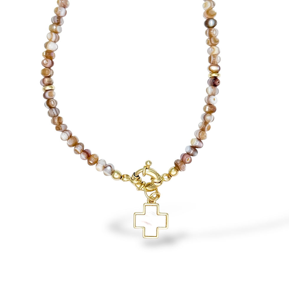 Thumbnail: Teeny Oyster Taupe Necklace with mother of pearl Serene Cross charm
