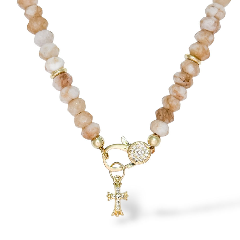 Thumbnail: Oyster Taupe Necklace with gold Calista Cross charm