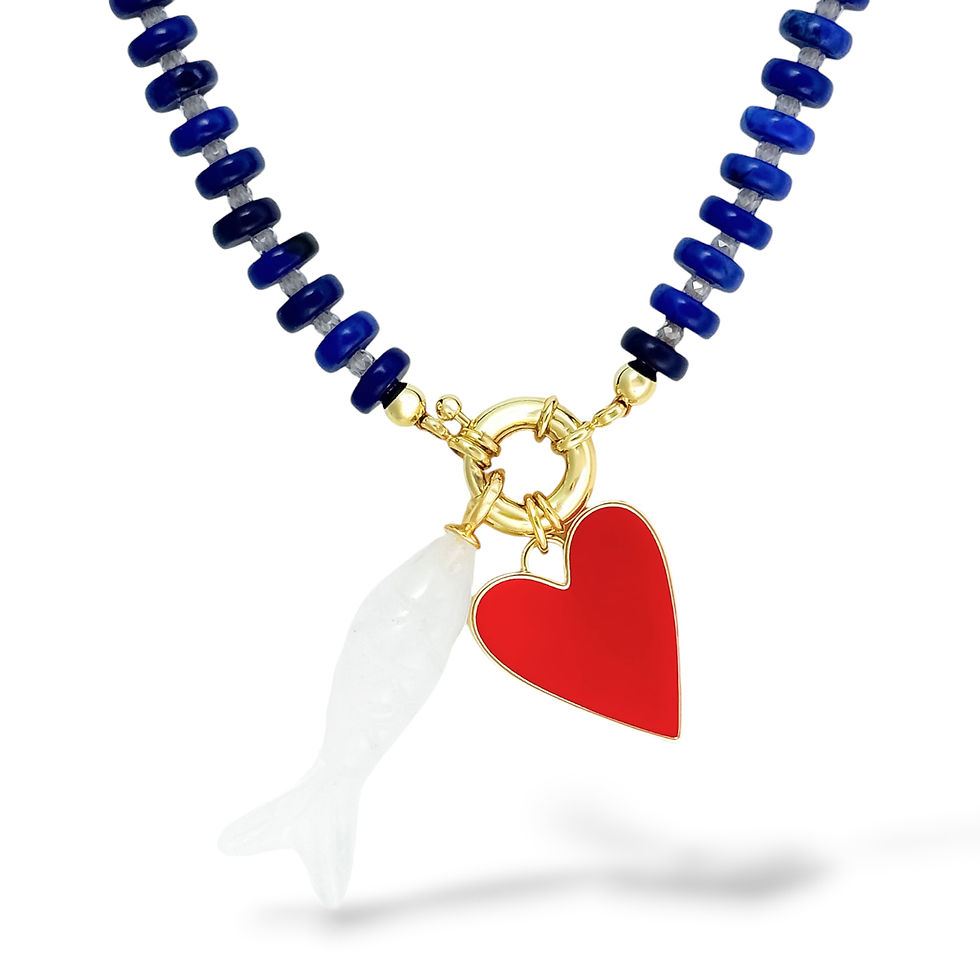Coastal Standard Necklace with Airy Blue Royale beads, Skinny Ice Minnow Charm, and Red Have A Heart Charm