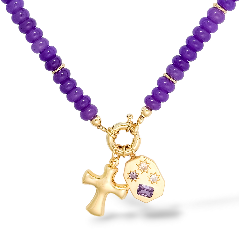 Iris Gallery Necklace with the Puff Cross Charm and Amethyst Gallery Charm.