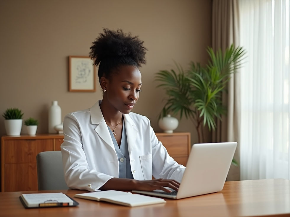 Black doctor using laptop for email marketing