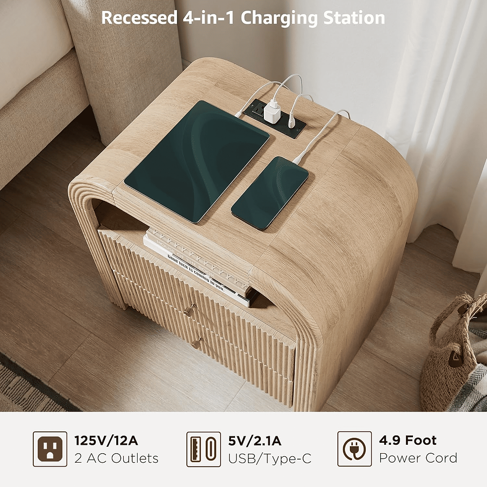 Thumbnail: Fluted 2-Drawer Nightstand With Charging Station Natural Oak
