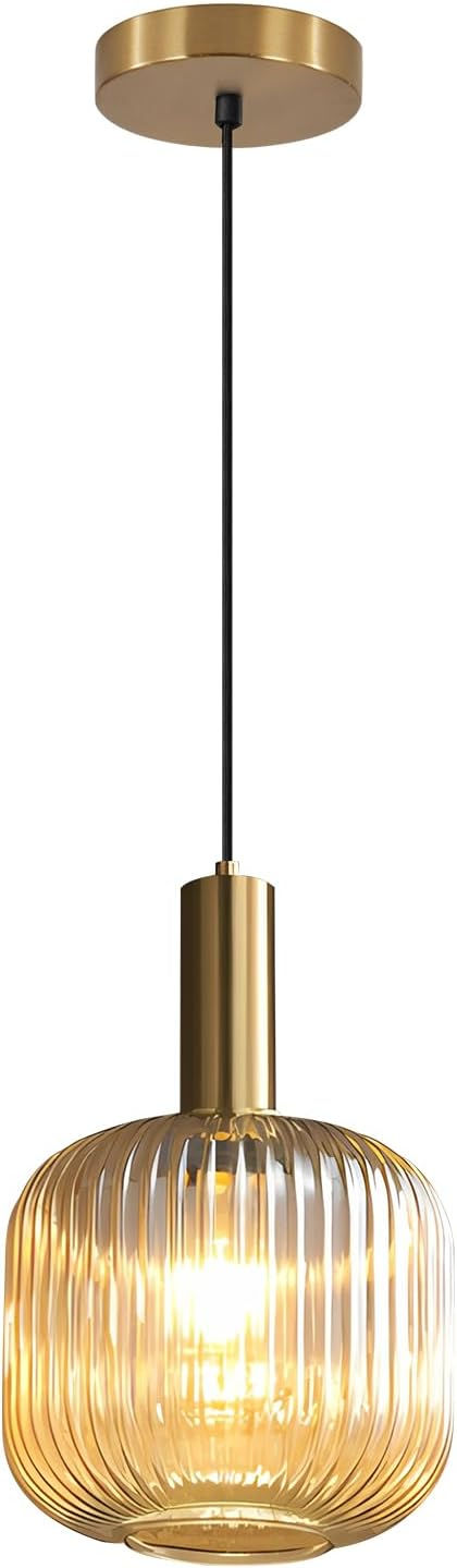 Thumbnail: Modern Amber Glass Globe Pendant Light in Brushed Gold Brass