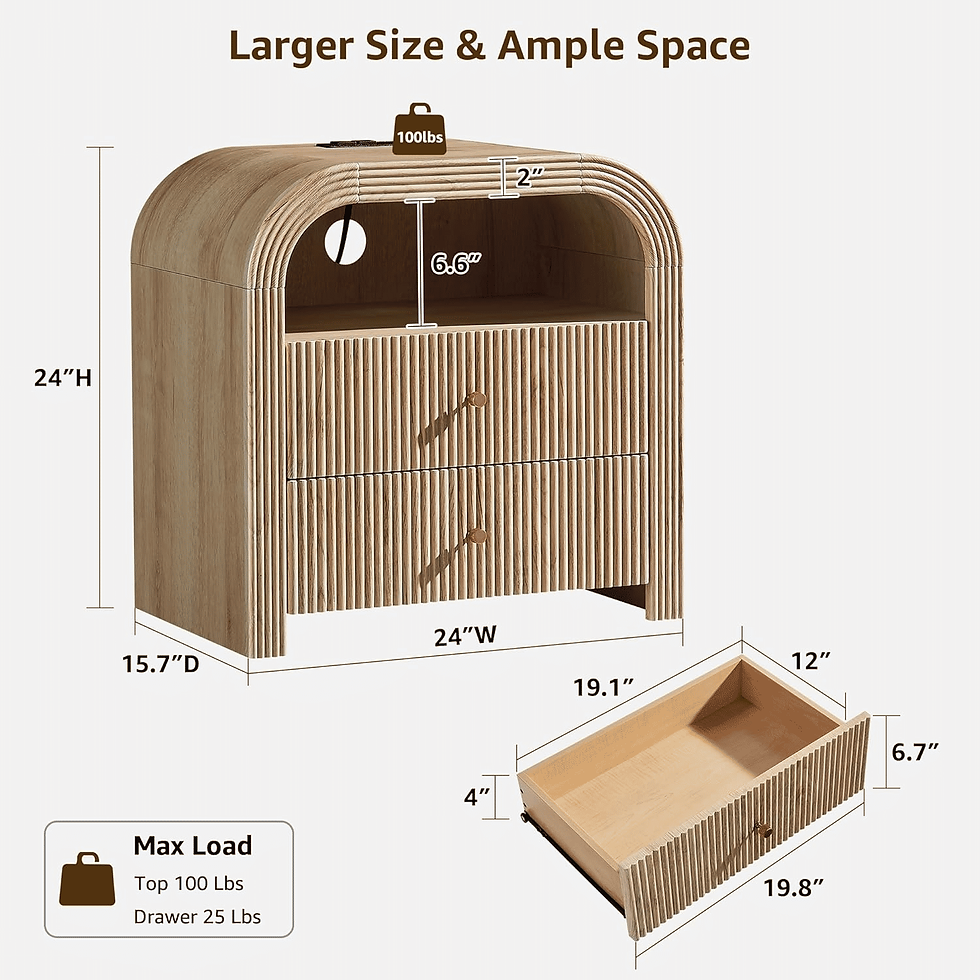 Thumbnail: Fluted 2-Drawer Nightstand With Charging Station Natural Oak