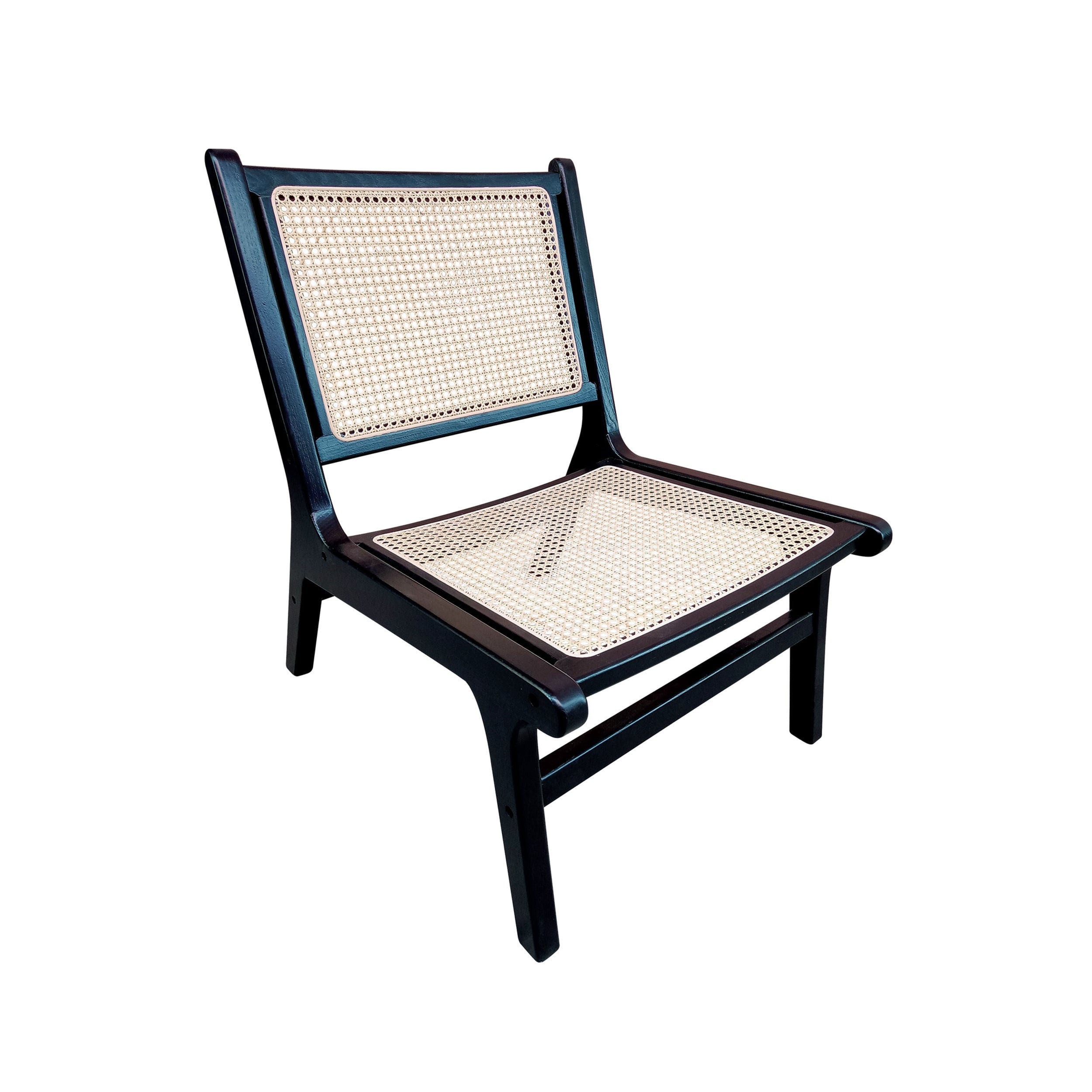 Black Acacia Wood and Rattan Weave Indoor Lounge Armchair