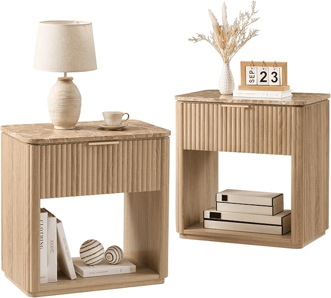 Thumbnail: Fluted Wooden Nightstands with Faux Marble Top, Set of 2