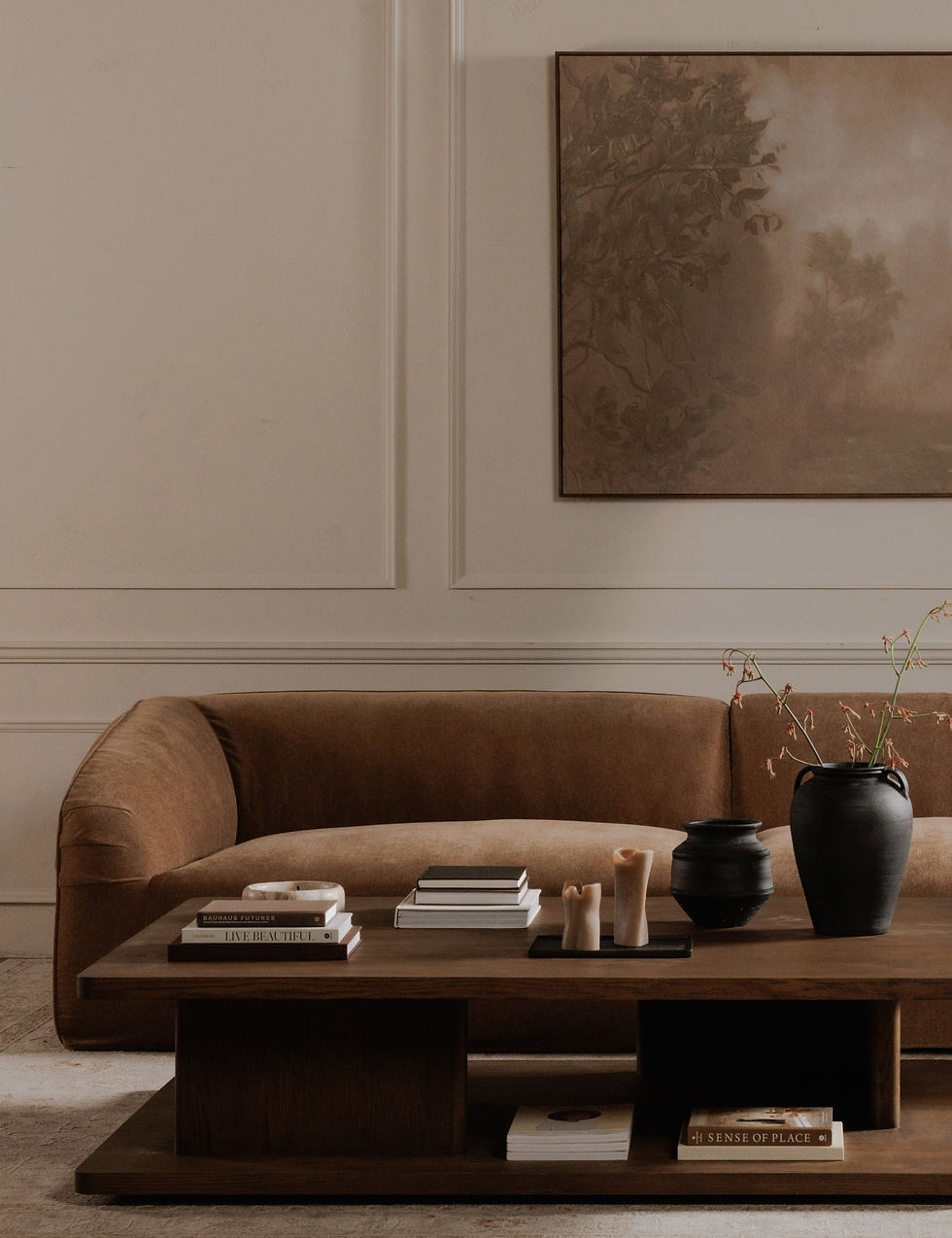 Thumbnail: Modern Khaza Sculptural Wood Coffee Table with Offset L-Shaped Base