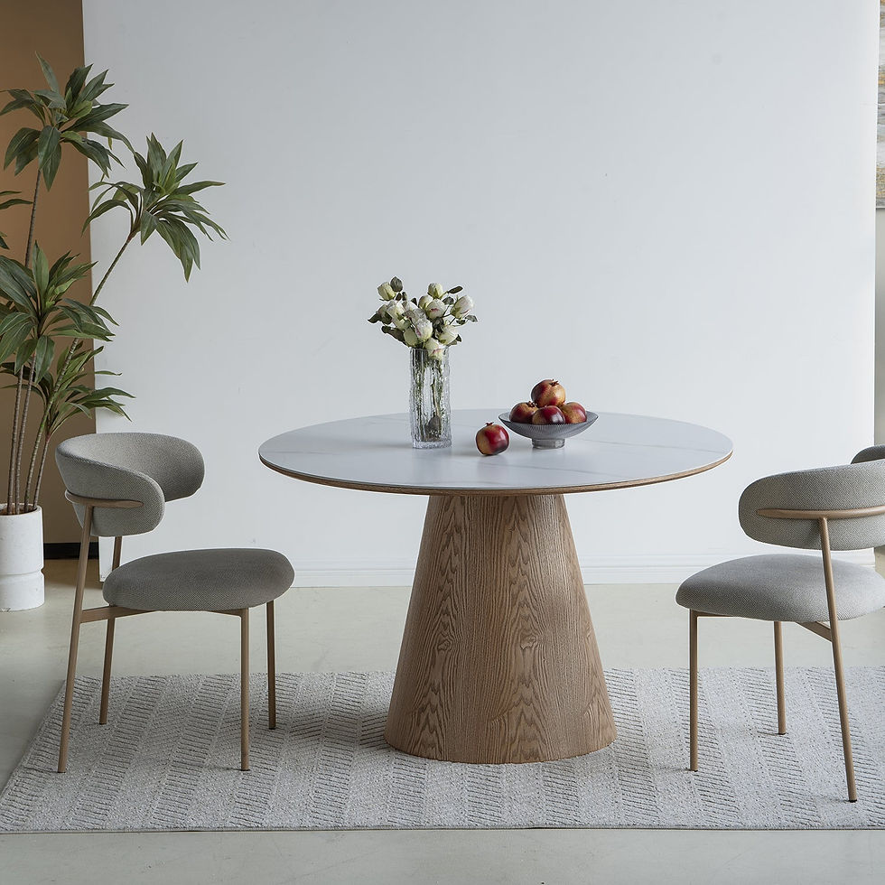 Thumbnail: Elegant Round Marble Melamine Dining Table with Tapered Wood Pedestal