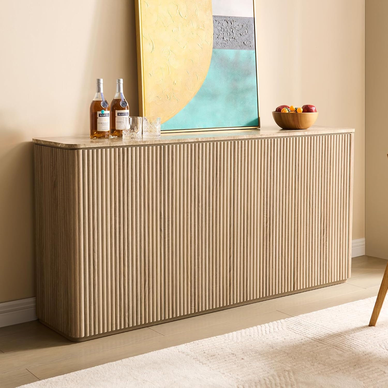 4-Door Fluted Sideboard Cabinet with Faux Marble Top