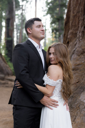 Bride and groom standing together with giant sequoia views in Sequoia National Park.