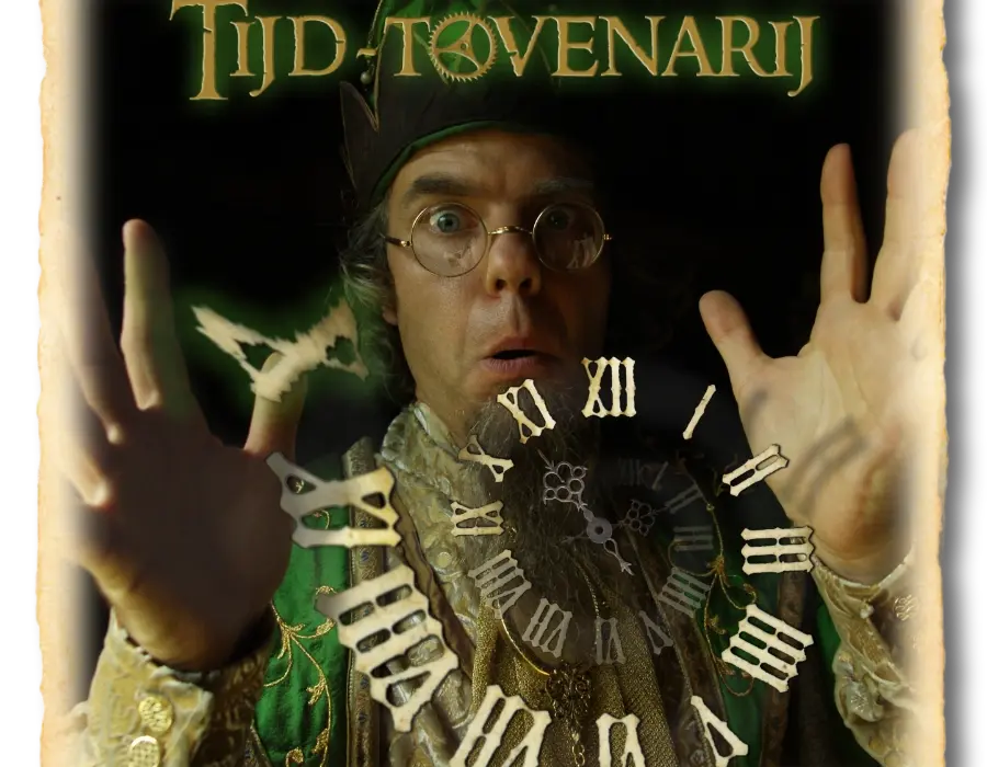 Tovenaar Trucasius de tijd toverend van een spiralende zwevende wijzerplaat