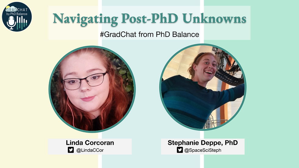 Promotional Graphic, text reads Navigating Post-PhD Unknowns, Grad Chat by PhD Balance. There are two headshots one of Linda, the host & one of Stephanie, the guest.