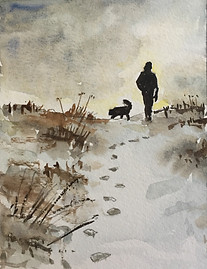 Watercolour sketch of a person and their dog hiking up to the top of Cameron Mountain, Maine, in the winter.