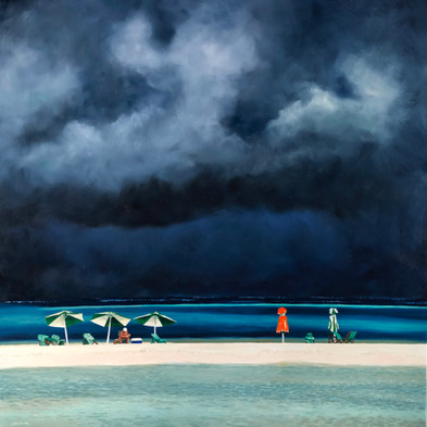 Oil painting of a sunbather sitting under beach umbrellas with a stormy sky.