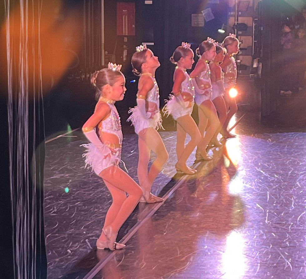 High angle view of a dance recital stage with colorful lighting