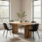 Modern dining room with wooden table, black chairs, vase for home staging.