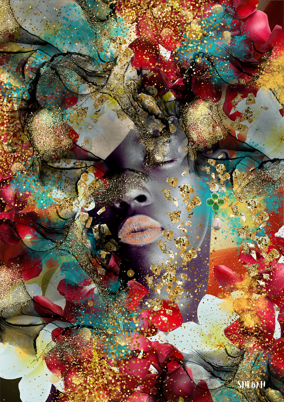 Portrait féminin , femme africaine, abstrait contemporain, visage artistique moderne, œuvre d’art mural originale
