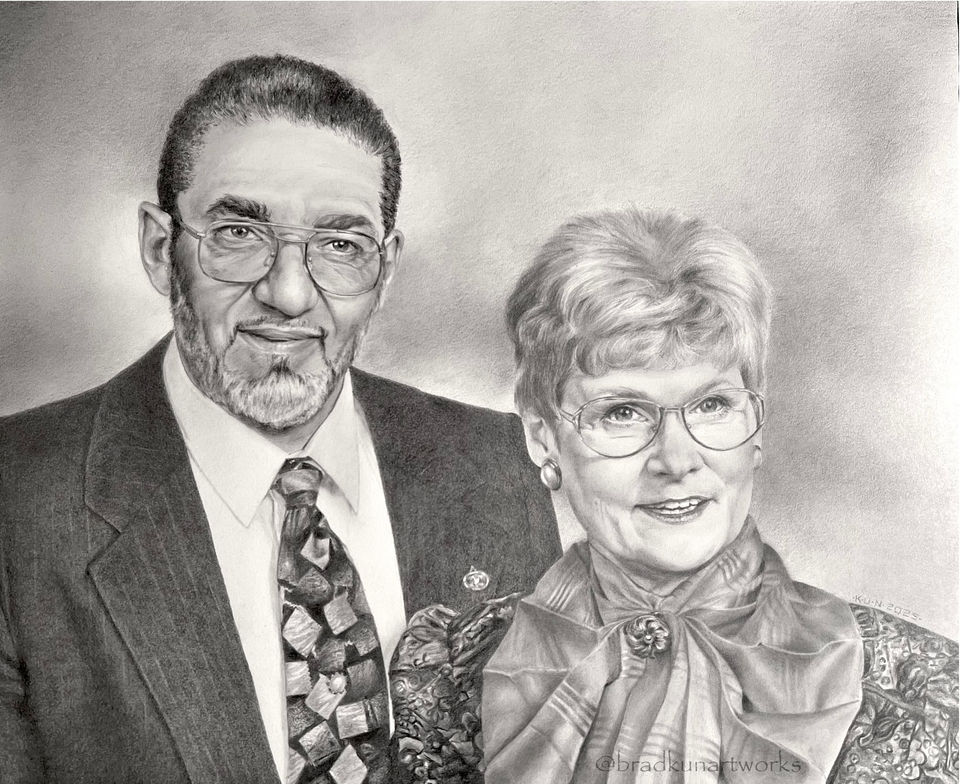 a commissioned graphite portrait drawing of an older couple - husband and wife.