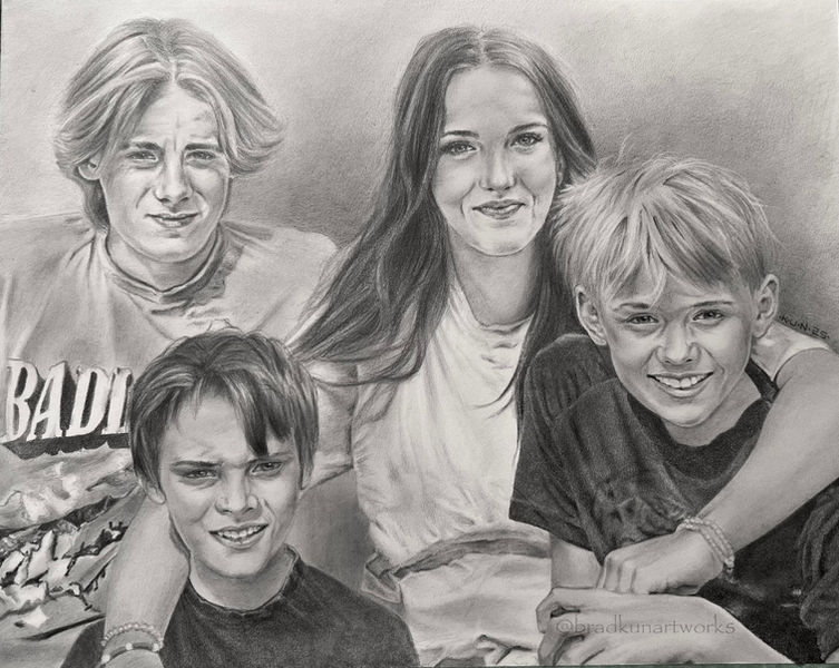 A commissioned graphite portrait drawing of four grandchildren posing casually together. Three boys and one girl.