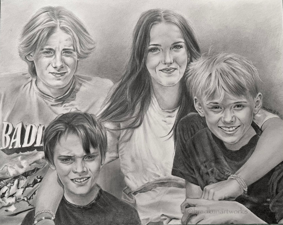 A commissioned graphite portrait drawing of four grandchildren posing casually together. Three boys and one girl.