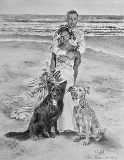 A commissioned graphite drawing of a couple posing with their two dogs on a tropical beach in front of the ocean. 