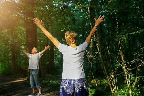 Two people with raised arms stand in a sunlit forest, expressing joy. They're surrounded by lush green trees and dappled light.