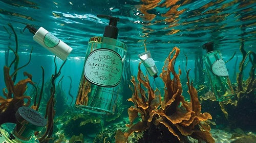 Underwater scene with turquoise skincare bottles and seaweed, labeled products floating in clear blue water.
