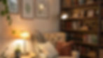 Cosy reading nook with a beige armchair, cushions, and a throw. Bookshelf filled with books; plants and framed leaf art decorate the walls. Warm lighting.