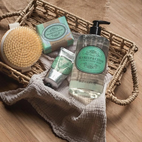 Basket of Sea Kelp and Cedar hand-wash, soap and hand-cream.