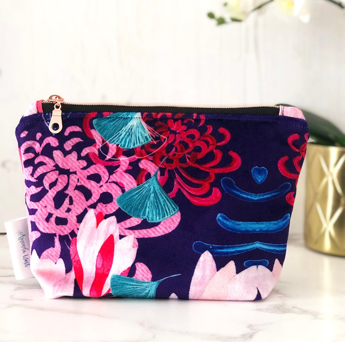Luxury Zipper Velvet Pouch - Midnight Florals