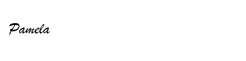 Stylized white text "Pamela" on a black background, in a cursive font. Simple, elegant design with a clean look.